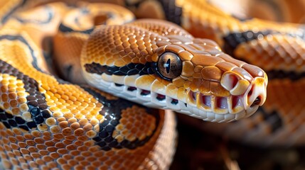 Obraz premium Close-up of a python's head showing its distinctive scale patterns and intense gaze