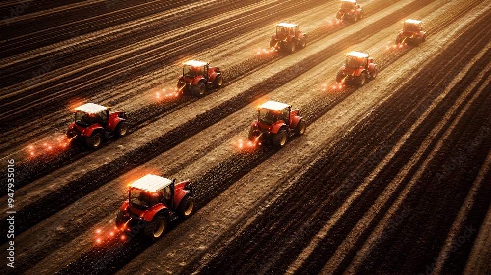 Poster automated iot controlled tractors precisely planting seeds in organized rows within an agricultural 