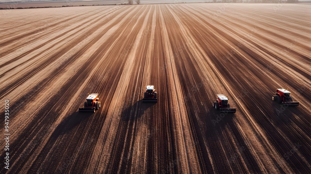 Poster advanced automated iot controlled tractors precisely planting seeds in straight rows of a green farm