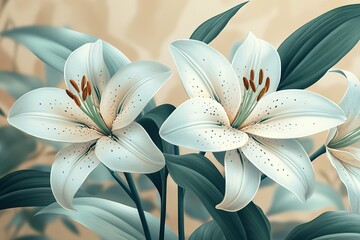 Two white flowers with brown tips are in a green leaf