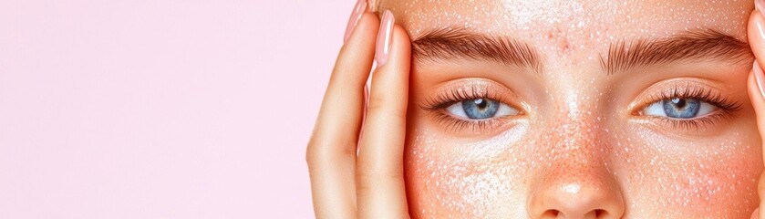 Teenage girl with acne on her forehead, gently touching her face
