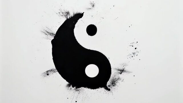 Yin yang symbol centered on white background. Black ink splashes outward, creating dynamic contrast. Embodies balance, energy, and fluid motion.	