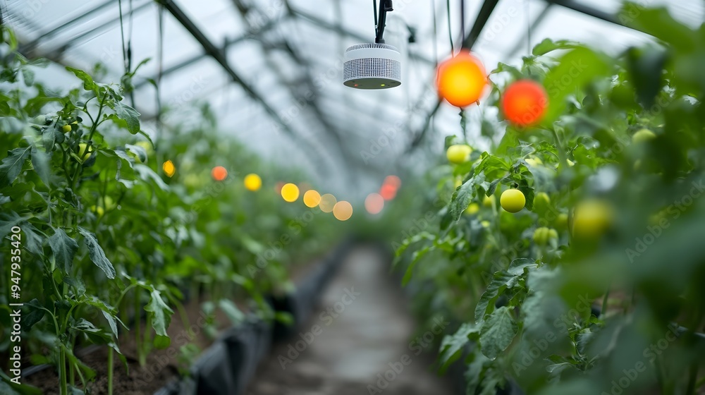 Poster photograph of a modern smart greenhouse equipped with iot sensors for automated monitoring and contr