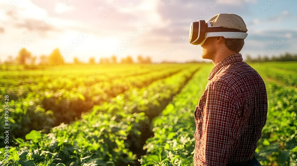 Poster a photograph of a farmer using iot enabled wearable technology to monitor and analyze real time data