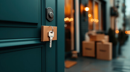 Obraz premium Close-up of teal door with key in lock, ajar with cardboard boxes in the background, suggesting moving or delivery. Warm lights create a welcoming atmosphere.
