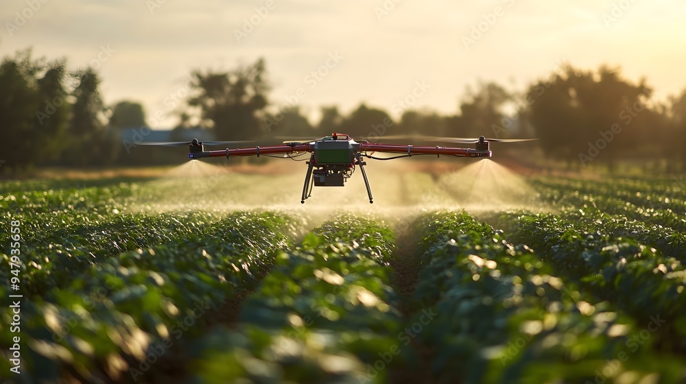 Poster photograph showcasing an iot enabled drone precisely spraying pesticides over crop fields to enable 