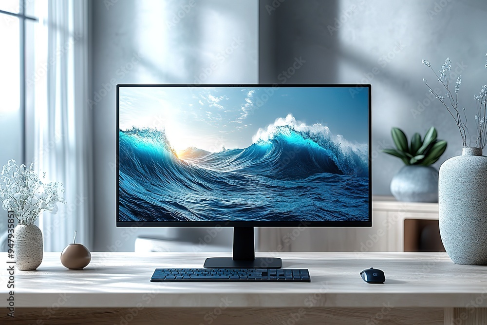 Poster a computer monitor is on a desk with a vase of flowers in the foreground