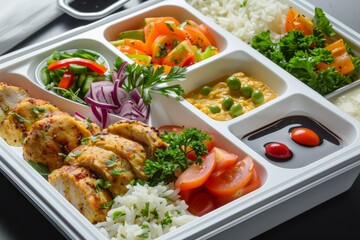 Lunch box filled with chicken breast and rice with vegetables and sauce, a healthy meal for lunch or dinner