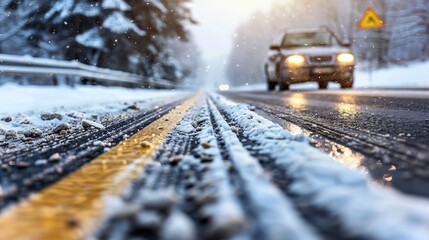 Winter Road, Snowy Highway Scene, Road Safety Concept in Winter, Car on Winter Trip.