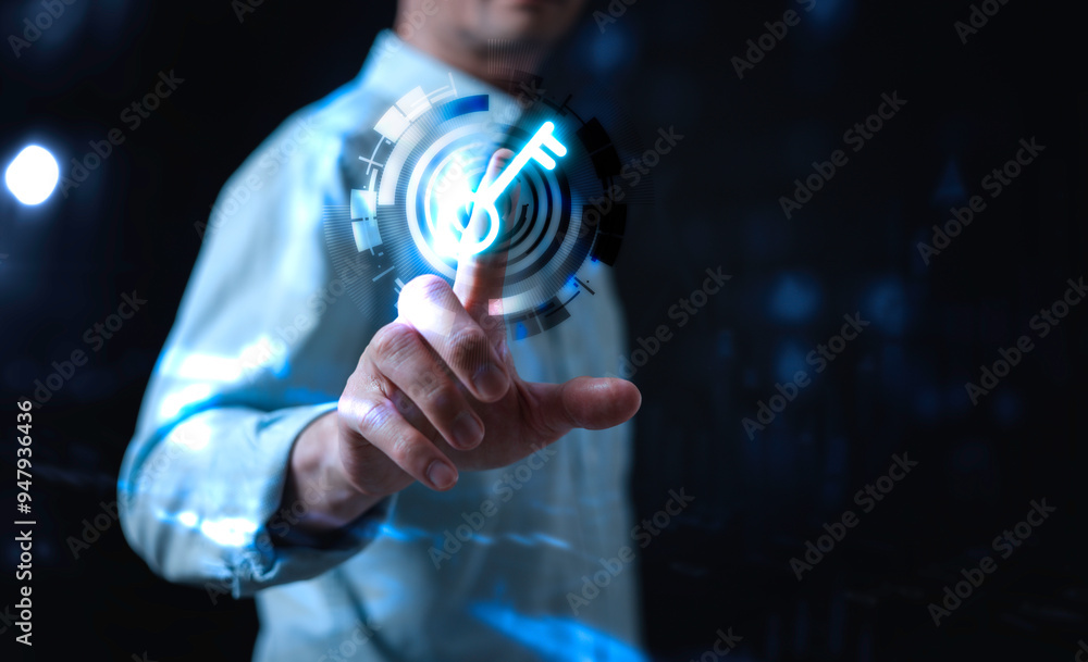 Poster key unlock business man touching and managed his cybersecurity and privacy to protect data by key ic