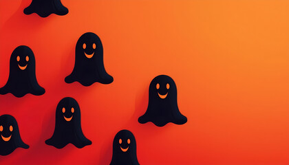 Obraz premium Playful black ghosts with smiling faces on an orange background, perfect for Halloween decorations and festive celebrations in autumn