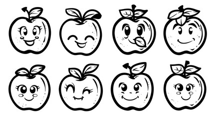 Eight apples with various facial expressions in black and white.