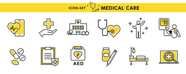 血圧、AED、補聴器、注射器、薬など医療関係のアイコン・イラストのデザイン素材