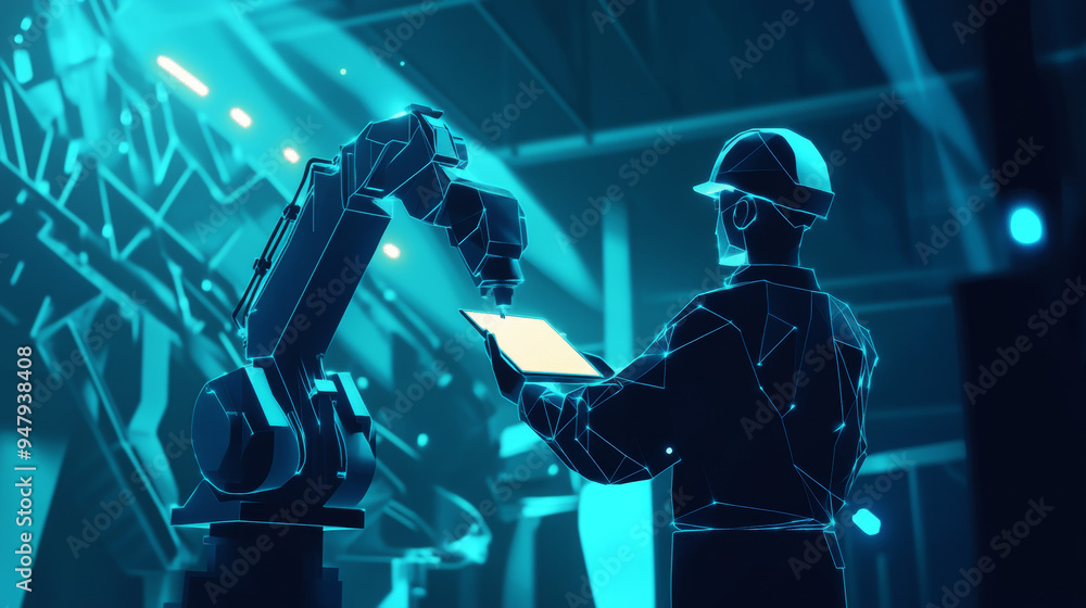 Poster abstract polygonal engineer managing a tablet and operating a robotic arm and tool. smart technology