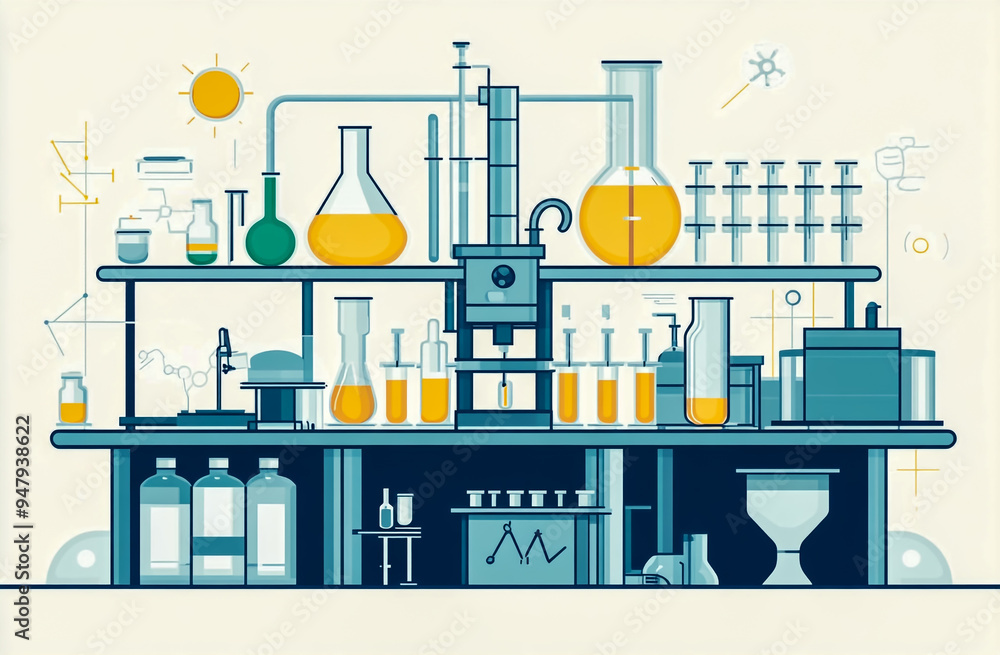 Wall mural flat vector illustration of laboratory equipment on a minimalist background.