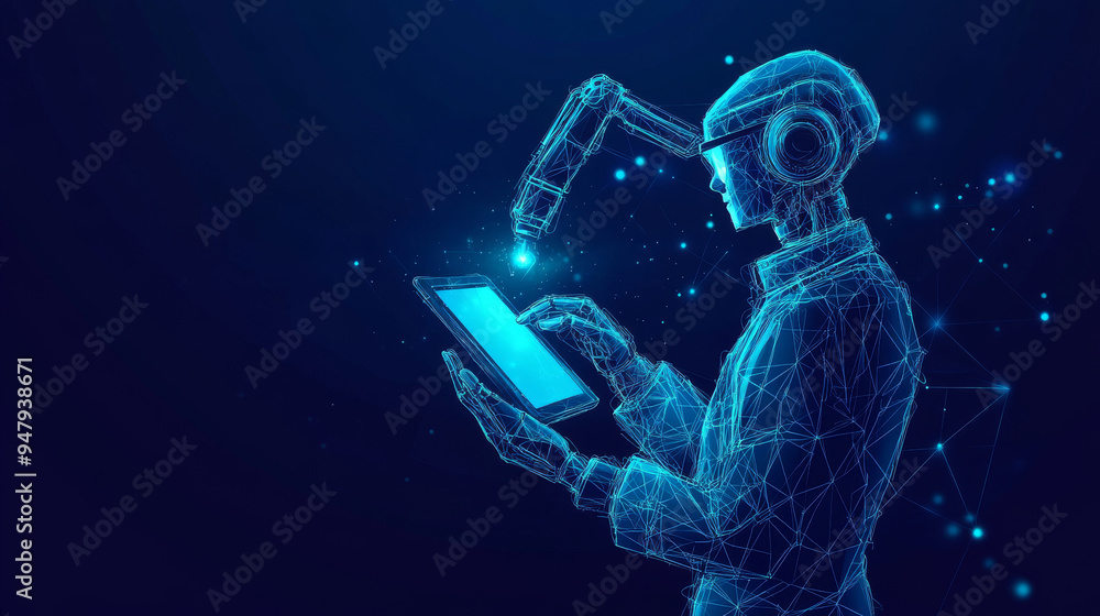 Poster abstract polygonal engineer managing a tablet and operating a robotic arm and tool. smart technology