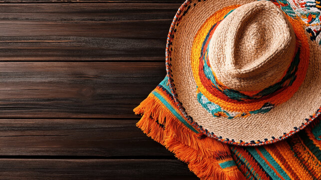 Close-up of a traditional Mexican sombrero and colorful zarape on a dark wooden background.
