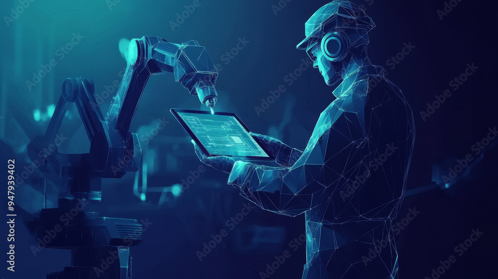Poster abstract polygonal engineer managing a tablet and operating a robotic arm and tool. smart technology