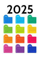 Calendar for 2025 isolated on a white background