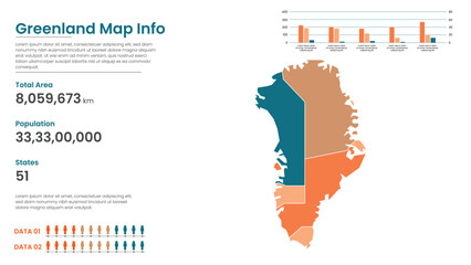 Greenland political map of administrative divisions states, Colorful states  in Greenland map infographic, Greenland Map Info, Greenland Population. © bakarali