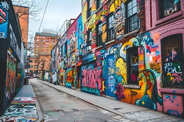 Vibrant Urban Alleyway Adorned with Colorful Street Art and Graffiti