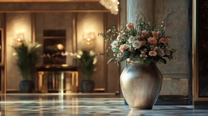 Fototapeta premium Mesmerizing big pottery vase with flowers, elegantly displayed in a luxurious room with a realistic background, exuding sophistication