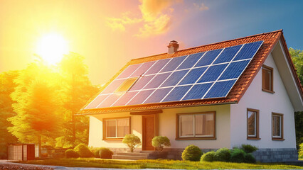Fototapeta premium A house with solar panels on the roof under bright sunlight