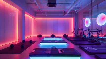 Modern Fitness Studio with Neon Lights and Exercise Equipment