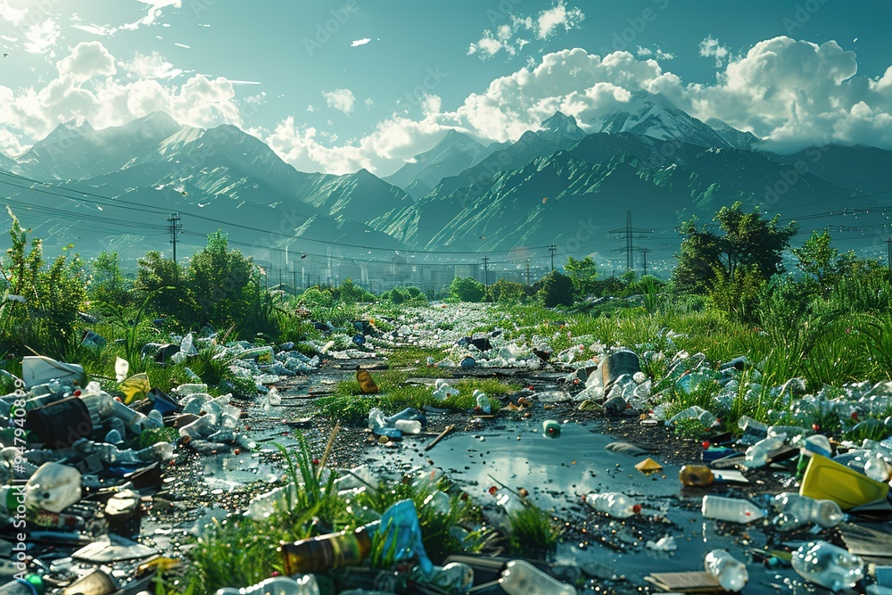 Aufkleber a mountain range is in the background of a field with trash