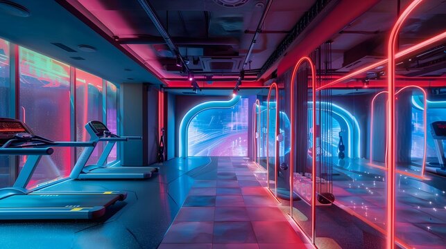 An avant-garde fitness studio with shifting holographic workout equipment and bioluminescent exercise areas, promoting health style