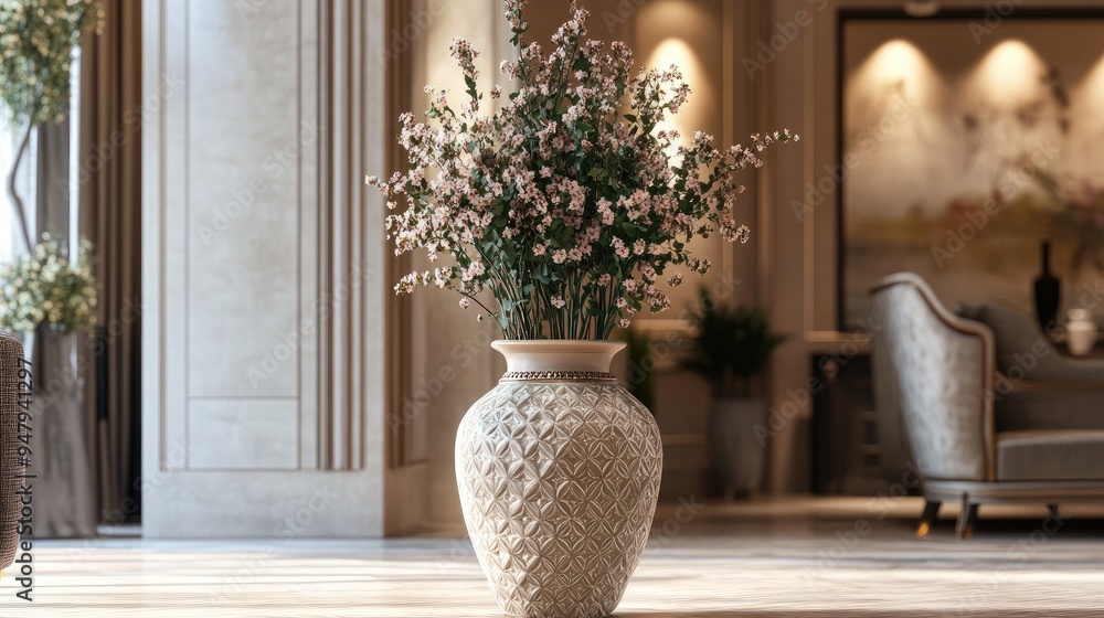 Poster mesmerizing patterned big pottery vase with flowers, elegantly displayed in a luxury room with a rea