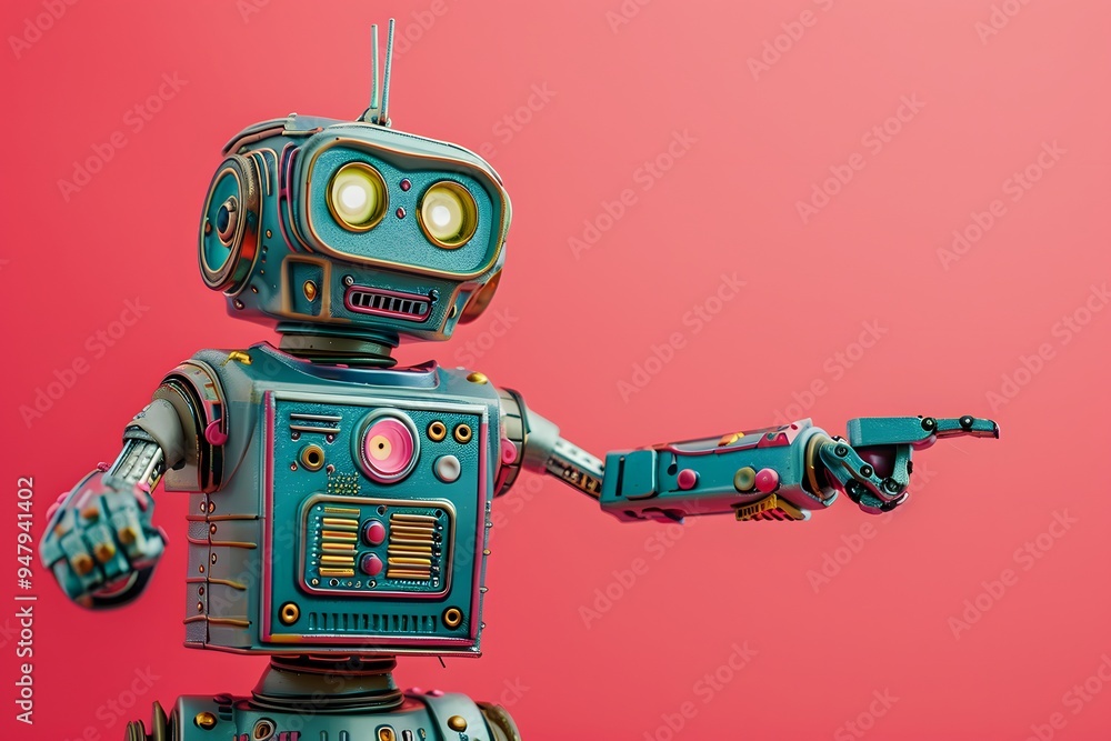 Poster retro robot with colorful design pointing forward