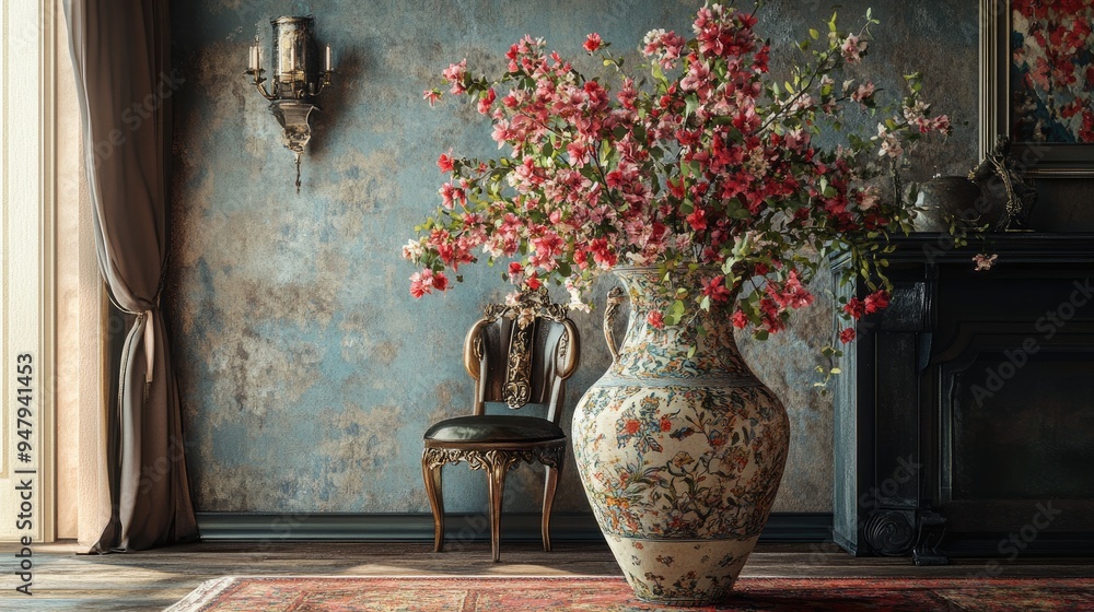 Poster mesmerizing patterned big pottery vase with flowers, elegantly displayed in a luxury room with a rea