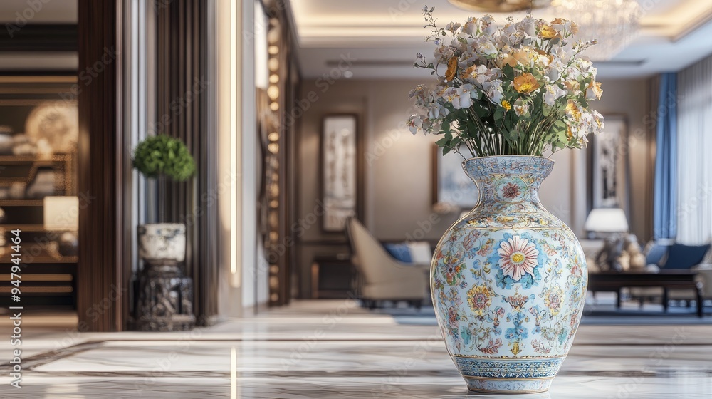 Poster mesmerizing patterned big pottery vase with flowers, elegantly displayed in a luxury room with a rea