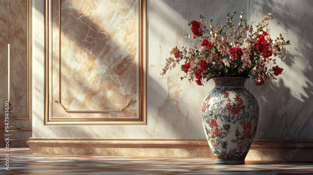 Poster mesmerizing patterned big pottery vase with flowers, elegantly displayed in a luxury room with a rea
