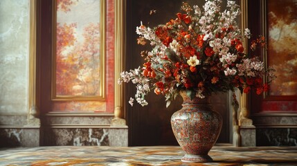 Fototapeta premium Mesmerizing patterned big vase with flowers, set in a luxurious room with an elegant, realistic background, creating a beautiful scene