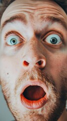 Fototapeta premium Close-up of a man's face with wide open eyes and mouth in shock.