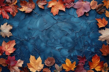 A blue background with a bunch of orange leaves