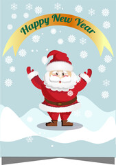 christmas card with santa claus,happy new year santa claus ,snow, snowflake, ribbon