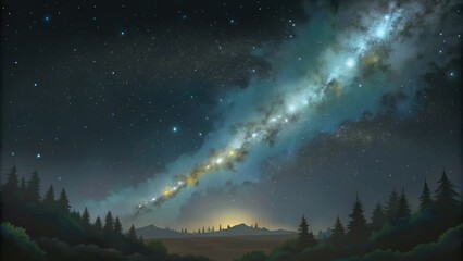 Starry night sky with a bright Milky Way over trees.