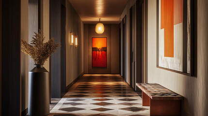 A hallway decorated with geometric-patterned tiles on the floor, minimalist light fixtures, and contemporary artwork