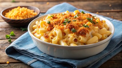 Creamy mac and cheese with melted cheddar and breadcrumb topping, comfort food, American cuisine, pasta, cheesy