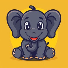 Fototapeta premium Cute cartoon elephant with big eyes and a smile sitting on a yellow background.