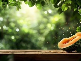 African horned melon cut open, revealing its bright green interior, set on a rustic wooden table with a blurred garden background