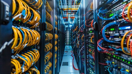 Dark data center with illuminated server racks