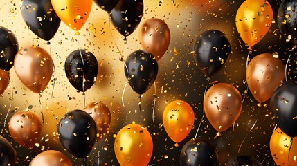 Black and silver balloons with ribbons on a black background.