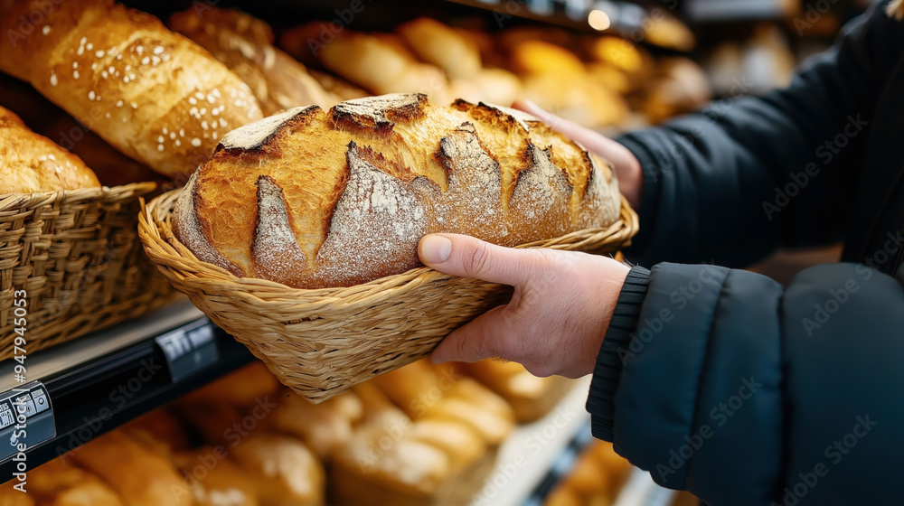 Sticker Person selecting a loaf of freshly baked bread from a wicker basket in a bakery display.