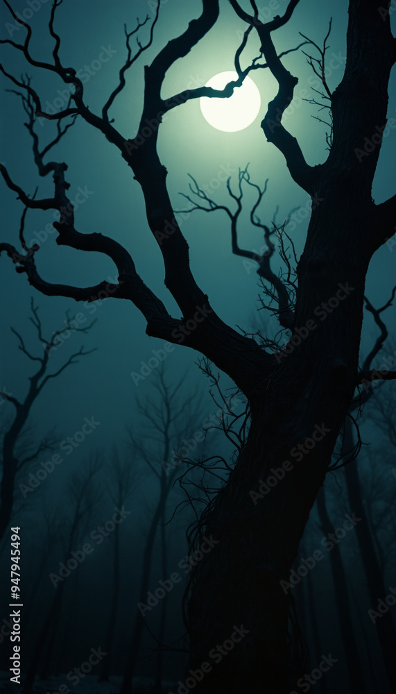 Wall mural Spooky Halloween hazy landscape with creepy trees