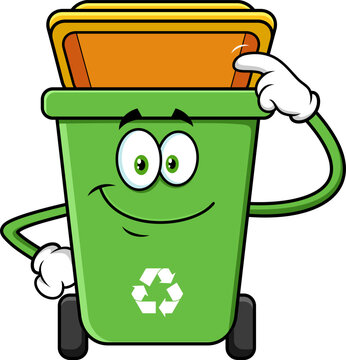 recommend clip art: Green Recycle Trash Bin Cartoon Character  Pointing To An Open Lid. Vector Hand Drawn Illustration Isolated On Transparent Background