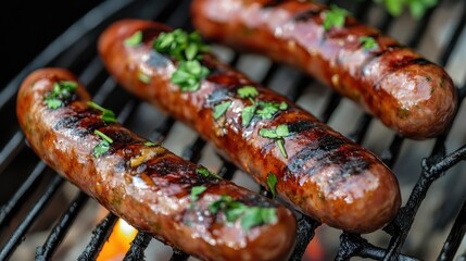 Close-Up of Tasty Grilled Sausages with Parsley on a Barbecue Grill